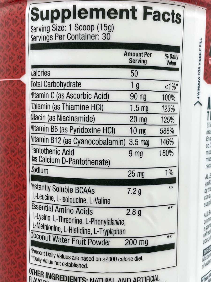 Dymatize Nutrition, オール9アミノ、オレンジクランベリー 成分表示